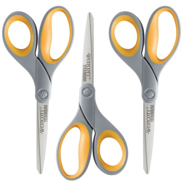 Westcott 8” Titanium Scissors, Pointed, Yellow/Gray, Set Of 3 Scissors