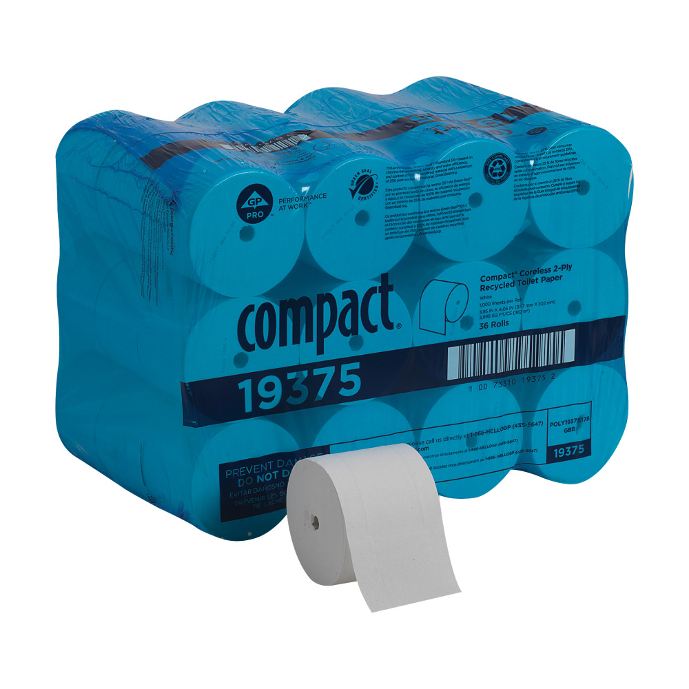 Compact Coreless Toilet Paper, 2-Ply, 4" x 3.8" Sheets, 100% Recycled Fiber, White, 1000 Sheets, 36 Rolls per Case
