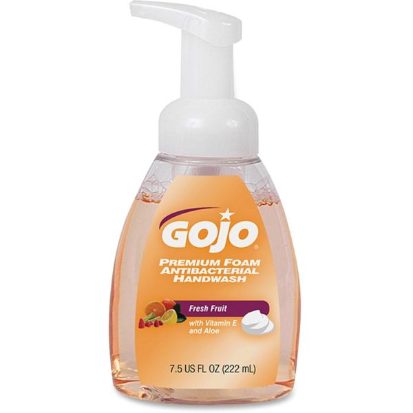GOJO Premium Foam Antibacterial Hand Wash Soap, Fresh Fruit Scent, 7.5 Oz, Carton Of 6 Pump Bottles