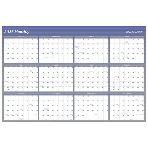 AT-A-GLANCE 2026 Vertical Horizontal Reversible Erasable Yearly Wall Calendar, Blue, Extra Large, 48" x 32"