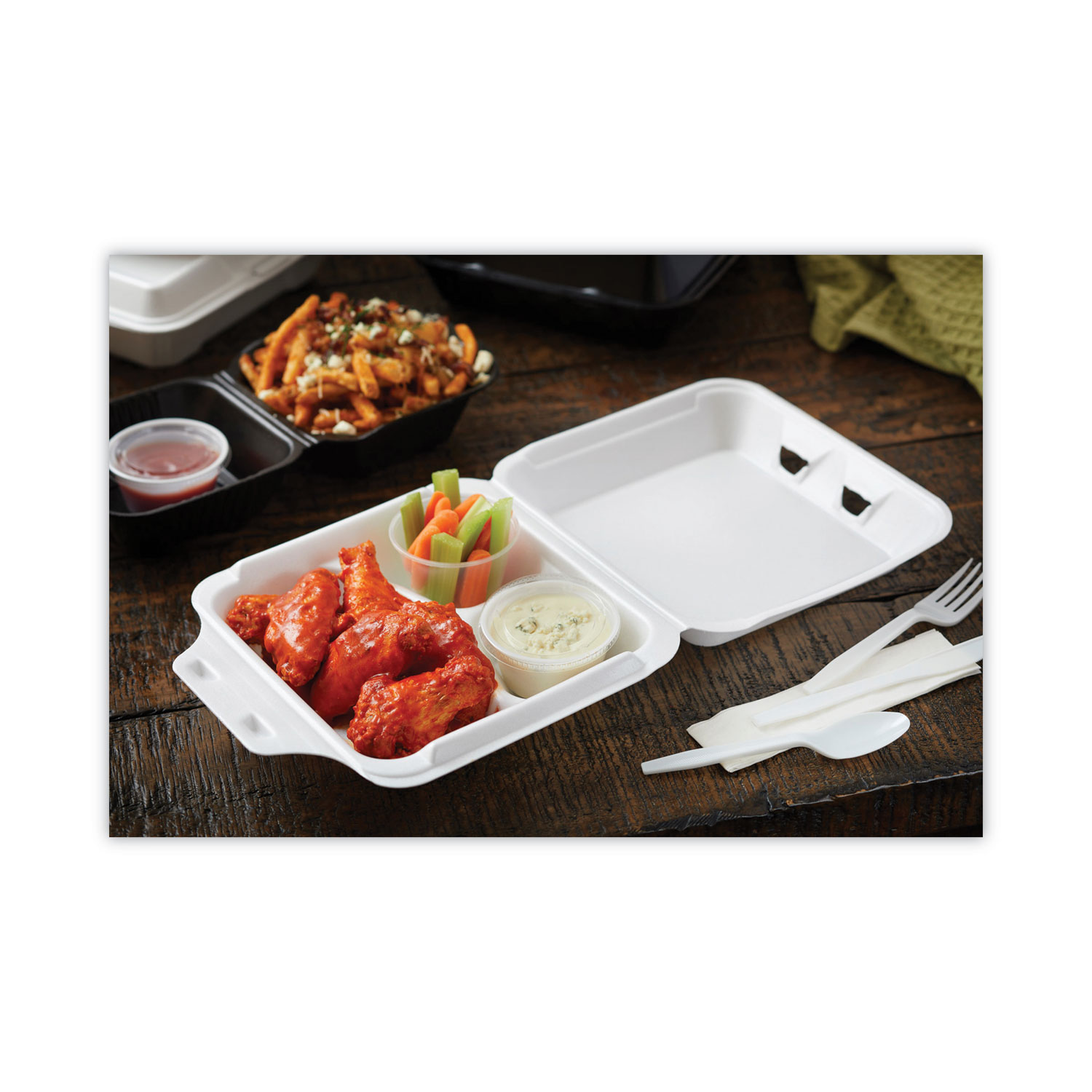 Pactiv Evergreen Vented Foam Hinged Lid Containers, 3-Compartment, Dual Tab Lock Economy, 3”H x 8-7/16”W x 8-3/16”D, White, Carton Of 150 Container  - Image 5