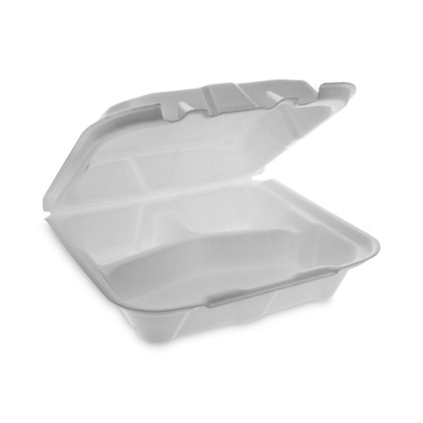 Pactiv Evergreen Vented Foam Hinged Lid Containers, 3-Compartment, Dual Tab Lock Economy, 3”H x 8-7/16”W x 8-3/16”D, White, Carton Of 150 Container