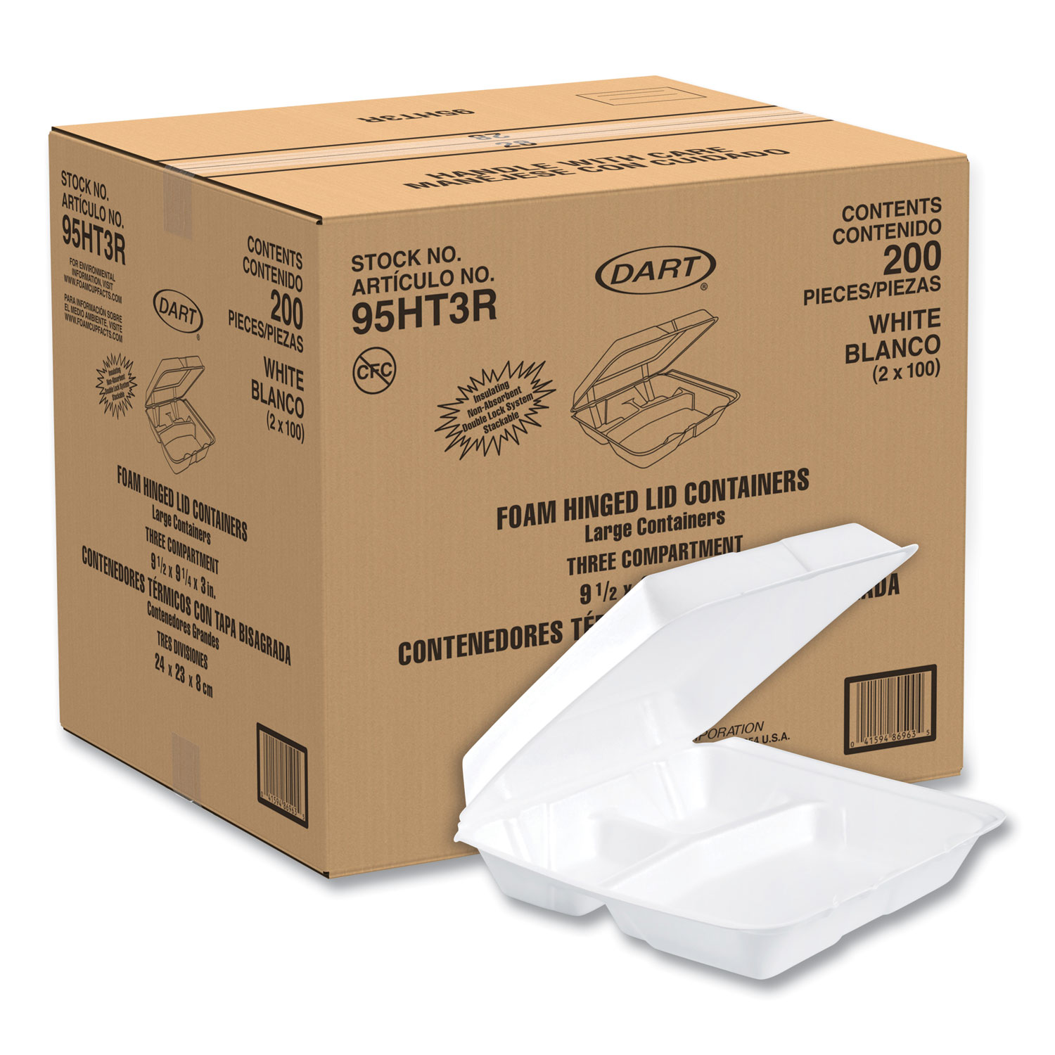  Dart 9-1/2" Triple-Compartment Foam Containers  - Image 4