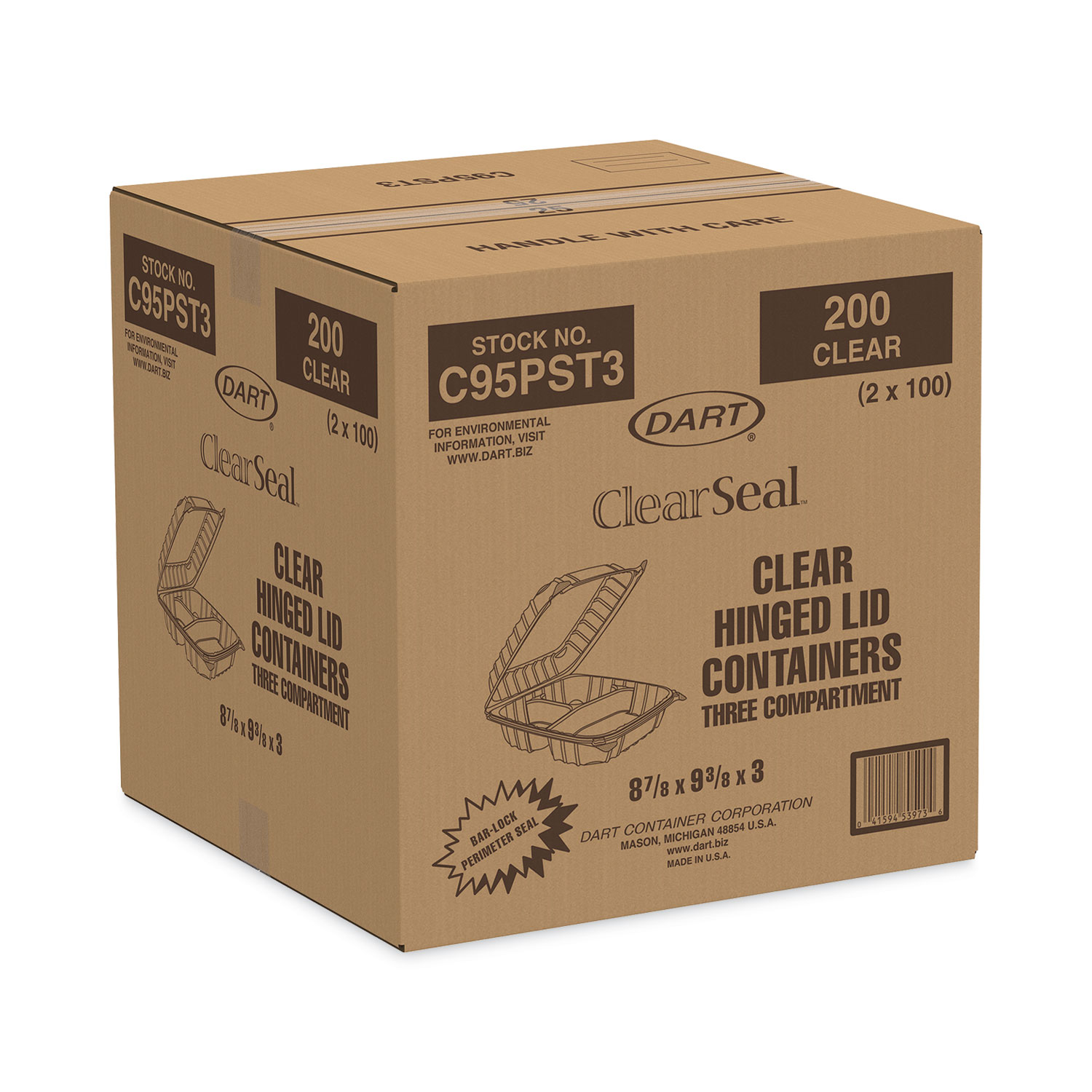 Dart ClearSeal Hinged-Lid Plastic Containers, 3 Compartments, 9.4 x 8.9 x 3, Plastic, 100/Bag, 2 Bags/Carton - Image 3