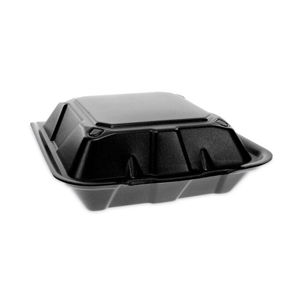 Pactiv Evergreen Vented Foam Hinged Lid Containers, Dual Tab Lock, 3-1/4”H x 9”W x 9”D, Black, Carton Of 150 Containers