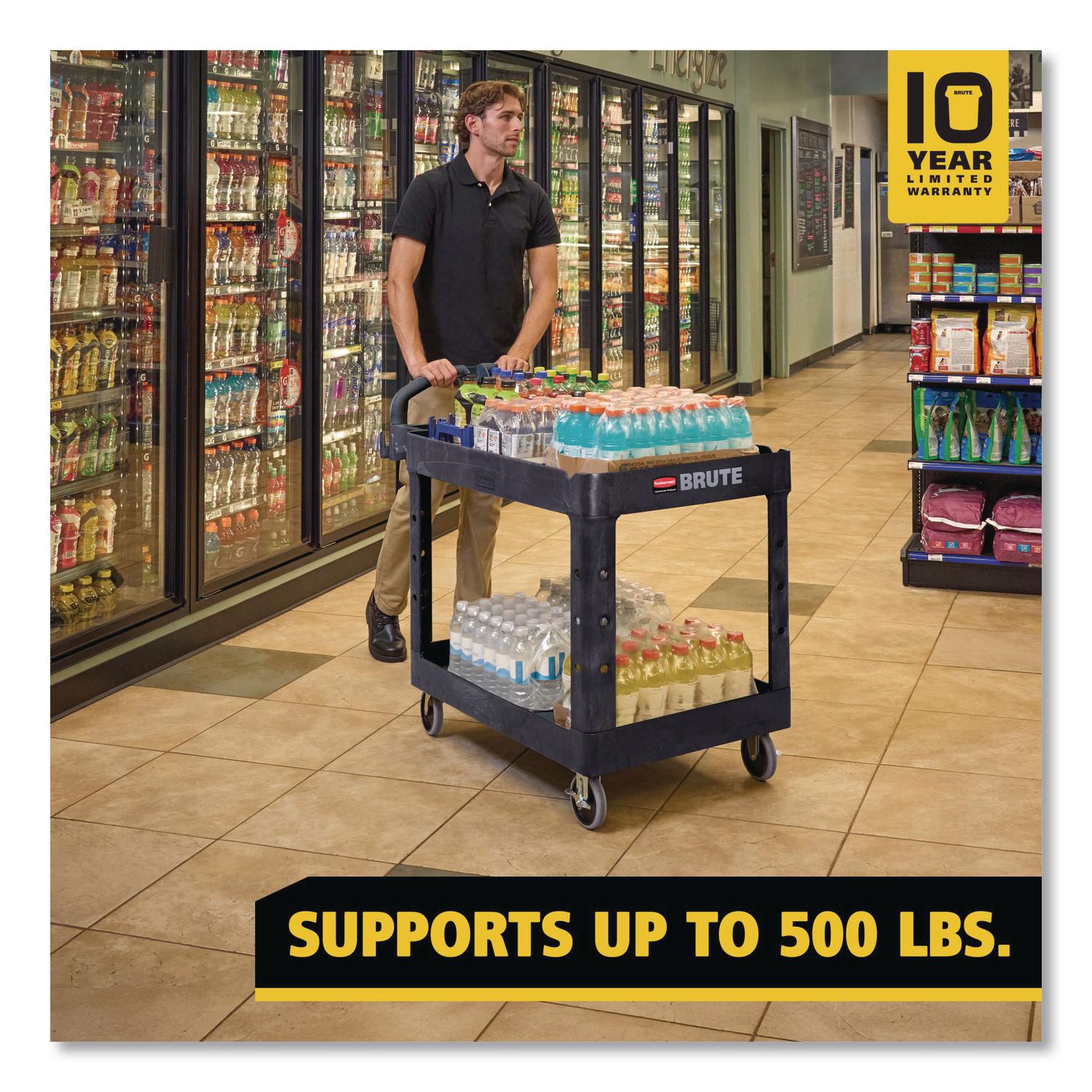 Rubbermaid Commercial BRUTE Heavy-Duty Utility Cart with Lipped Shelves, Plastic, 2 Shelves, 500 lb Capacity, 25.9" x 45.2" x 32.2", Black  - Image 4