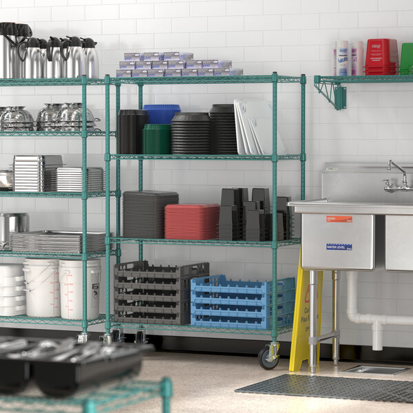 Regency 24" x 60" x 70" NSF Green Epoxy Mobile Wire Shelving Starter Kit with 5 Shelves  - Image 3