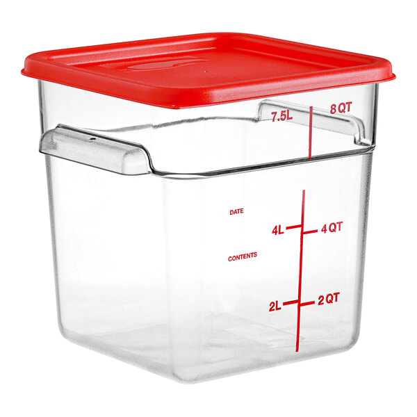 Vigor 8 Qt. Clear Square Polycarbonate Food Storage Container and Red Lid - 6/Pack  - Image 3