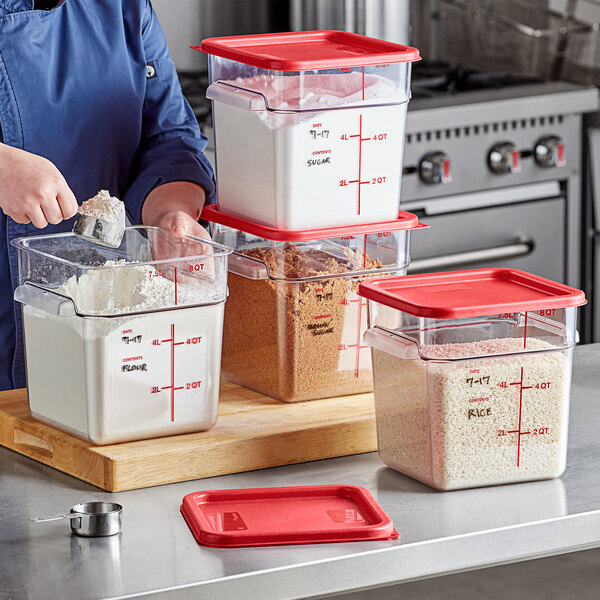 Vigor 8 Qt. Clear Square Polycarbonate Food Storage Container and Red Lid - 6/Pack
