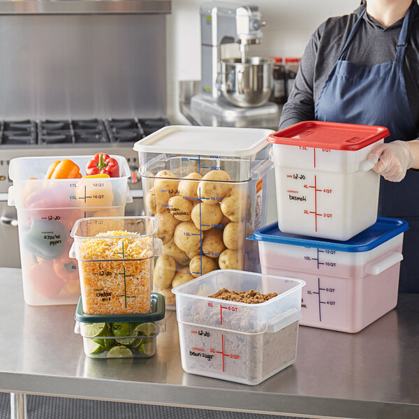 Vigor 8 Qt. Clear Square Polycarbonate Food Storage Container and Red Lid - 6/Pack  - Image 4