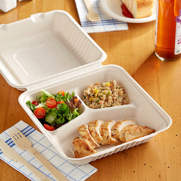 EcoChoice 9" x 9" x 3" No PFAS Added Natural Plant Fiber 3-Compartment Take-Out Container - 200/Case  - Image 5