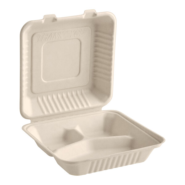 EcoChoice 9" x 9" x 3" No PFAS Added Natural Plant Fiber 3-Compartment Take-Out Container - 200/Case  - Image 3
