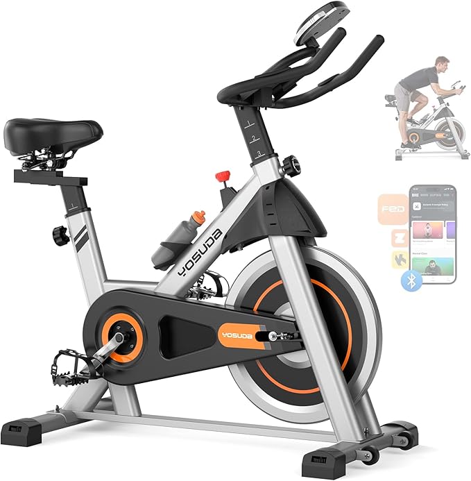 Exercise Bike, Brake Pad Stationary Bike for Home with Exclusive App, Magnetic Indoor Cycling Bike with 300 lb Weight Capacity, Low Noise, Tablet Holder and Fitness Courses for Weight Loss