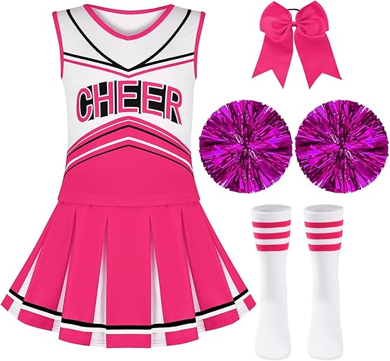 Cheerleader Costume for Girls 6-12Y Halloween Cheerleading Outfit 5Pcs Cheer Uniform Fancy Dress for Party/Sports Day