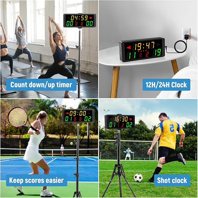 Samshow LED Electronic Scoreboard Digital Score Keeper with Remote & Tripod, Basketball Scoreboard with Shot Clock & Timer & 12/24h Real Time for Football/Corn Hole/ping Pong/Table Tennis  - Image 4