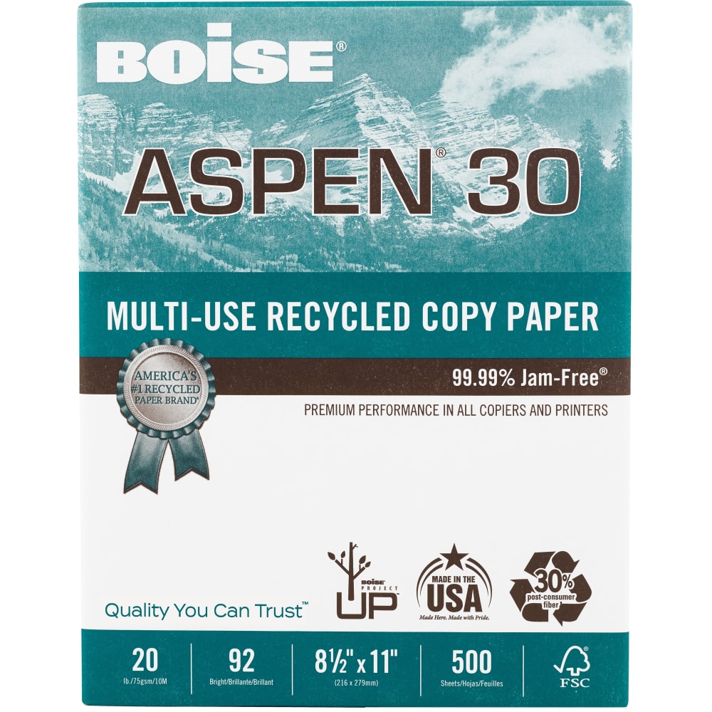 Boise ASPEN 30 Multi-Use Printer & Copy Paper, White, Letter (8.5" x 11"), 5000 Sheets Per Case, 20 Lb, 92 Brightness, 30% Recycled, FSC Certified  - Image 3