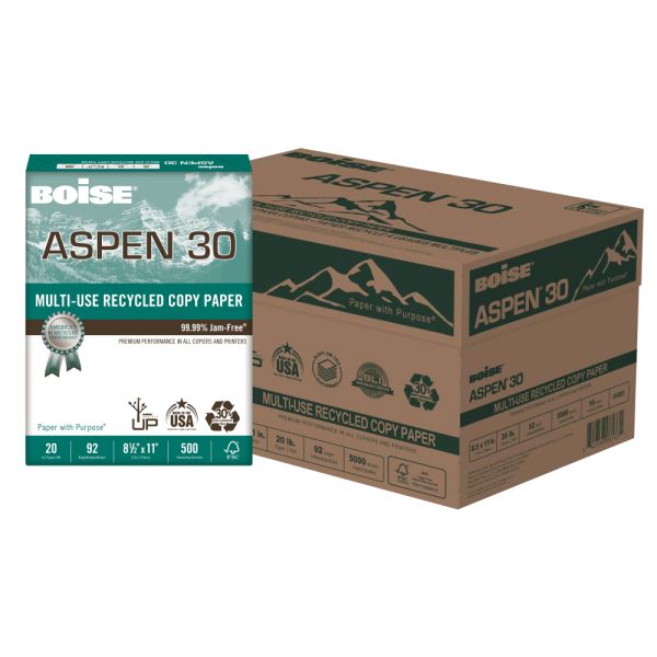 Boise ASPEN 30 Multi-Use Printer & Copy Paper, White, Letter (8.5" x 11"), 5000 Sheets Per Case, 20 Lb, 92 Brightness, 30% Recycled, FSC Certified