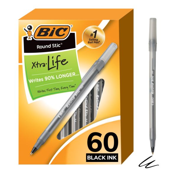 BIC Round Stic Ballpoint Pens, Medium Point, 1.0 mm, Translucent Barrel, Black Ink, Pack Of 60 Pens  - Image 5