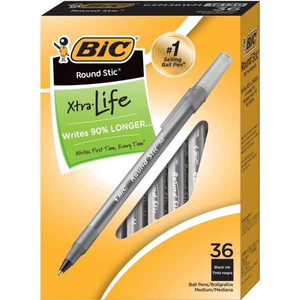 BIC Round Stic Xtra Life Ballpoint Pens, Medium Point, .75 mm, Translucent Barrel, Black Ink, Pack Of 36 Pens