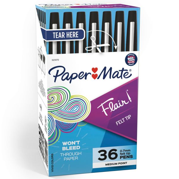 Paper Mate Flair Porous-Point Pens, Medium Point, 0.7 mm, Black Barrel, Black Ink, Pack Of 36 Pens