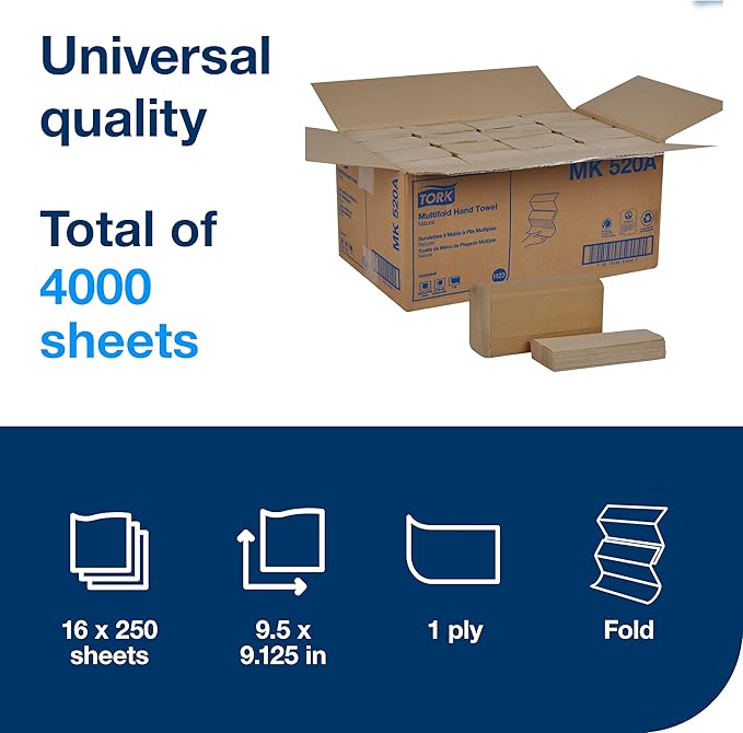 Tork Multifold Hand Towel, Natural, 100% recycled, FSC certified, Compatible with H2 Dispensers, 16 packs x 250 sheets   - Image 3