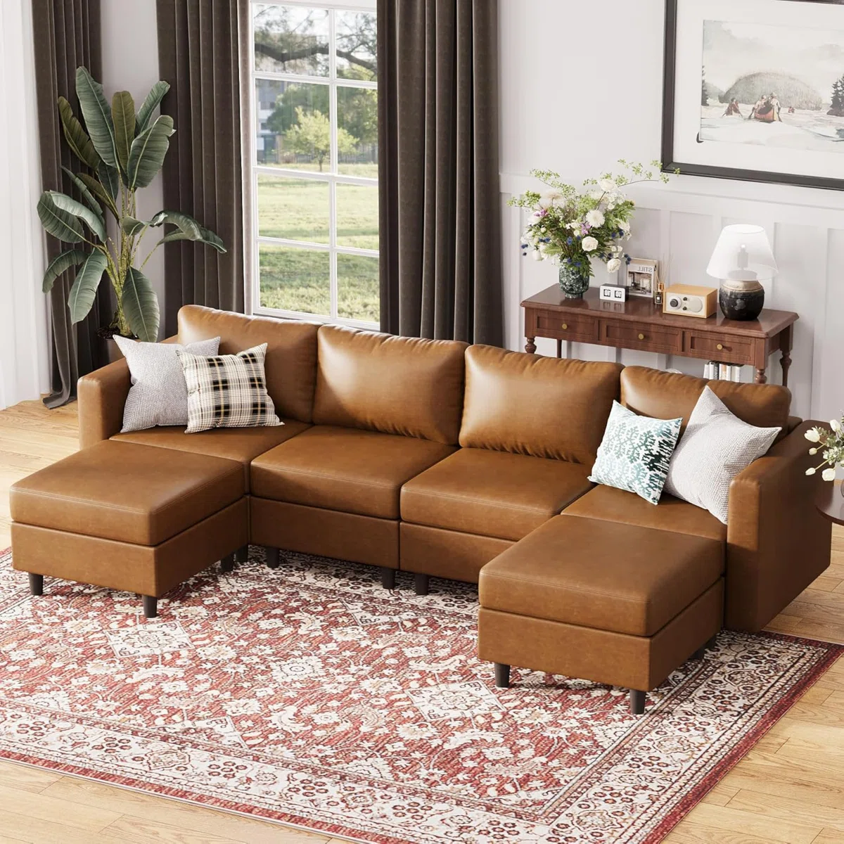 6-Piece 118.5'' Reversible Modern L-Shape Sectional Sofa With Storage Seat- Faux Leather