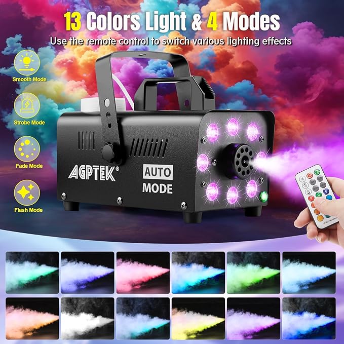 Fog Machine, Smoke Machine with 13 Colorful LED Lights Effect, Auto Mode 2000CFM Fog with 1 Wired Receiver and 2 Wireless Remote Controls, Perfect for Wedding, Halloween, Party and Stage Effect  - Image 5