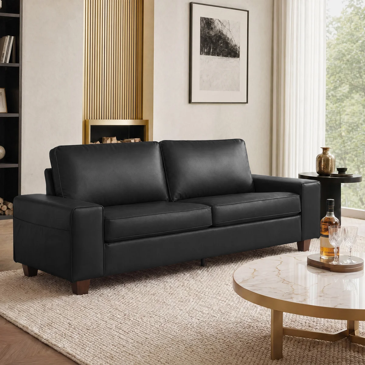 Gilmar 89" Upholstered Vegan Leather Sofa with Square Arms and Storage Pockets