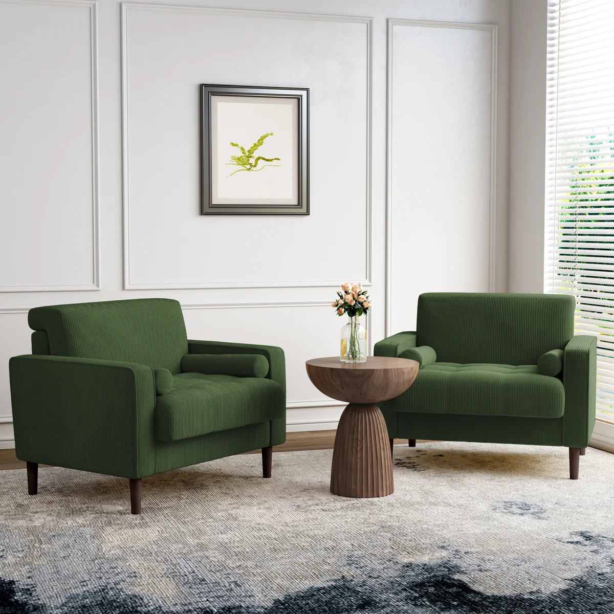 Iliana Upholstered Green Corduroy Square Arm Tufted Club Chair with 2 Pillows (Set of 2)  - Image 3