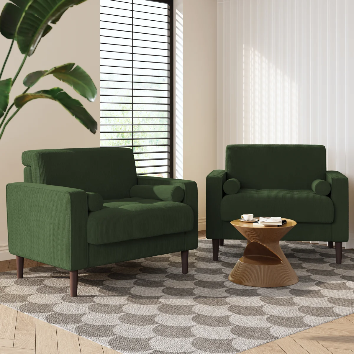 Iliana Upholstered Green Corduroy Square Arm Tufted Club Chair with 2 Pillows (Set of 2)